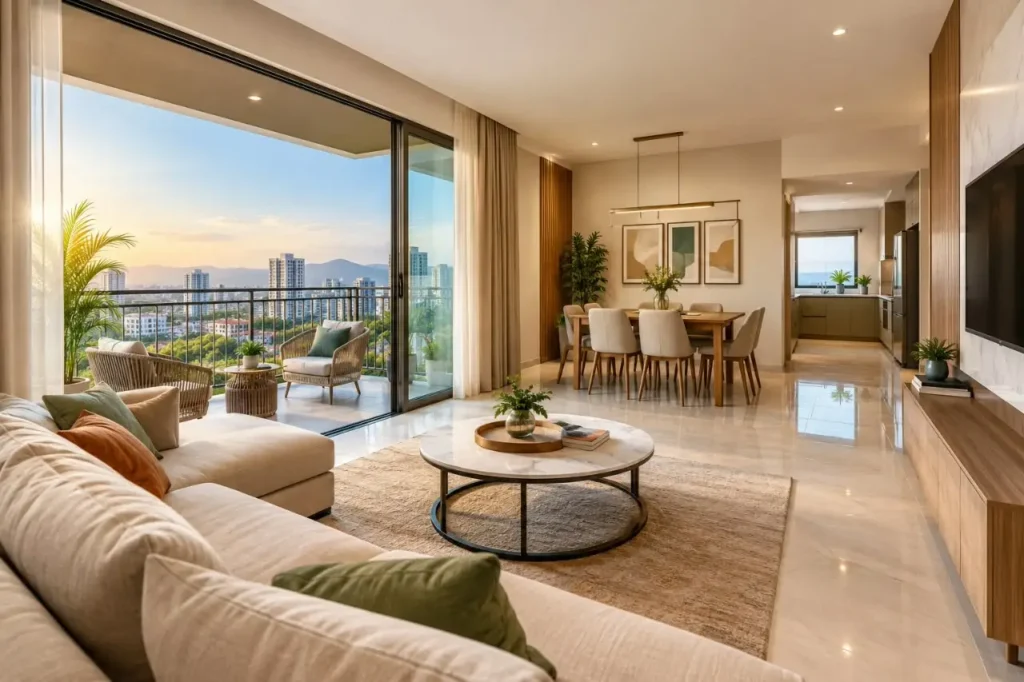 Modern 3 BHK flat in Kharadi Pune with spacious living room and balcony